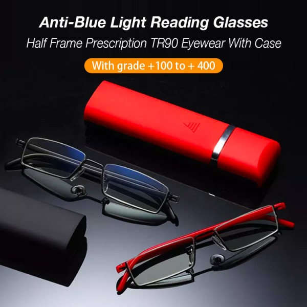 Metal Anti-Blue Light Reading Glasses Half Frame Prescription TR90 Eyewear With Case