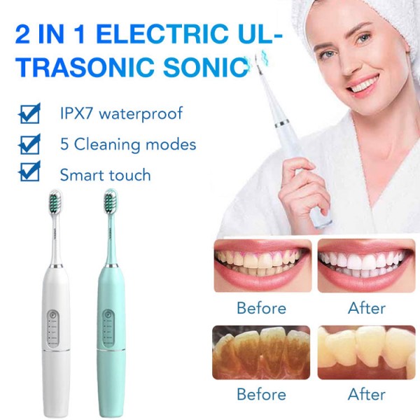 2 in 1 Electric Ultrasonic Sonic Dental Scaler USB Toothbrush Tooth Cleaner Whiten Teeth Tartar Remove Tool